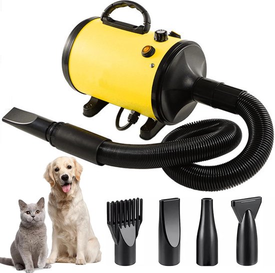 Professionele hondenfohn - 2800W - Instelbare windsnelheid - Stil design - Waterblazer voor honden - Met opzetstukken - Geel/Zwart - Hondenfohn