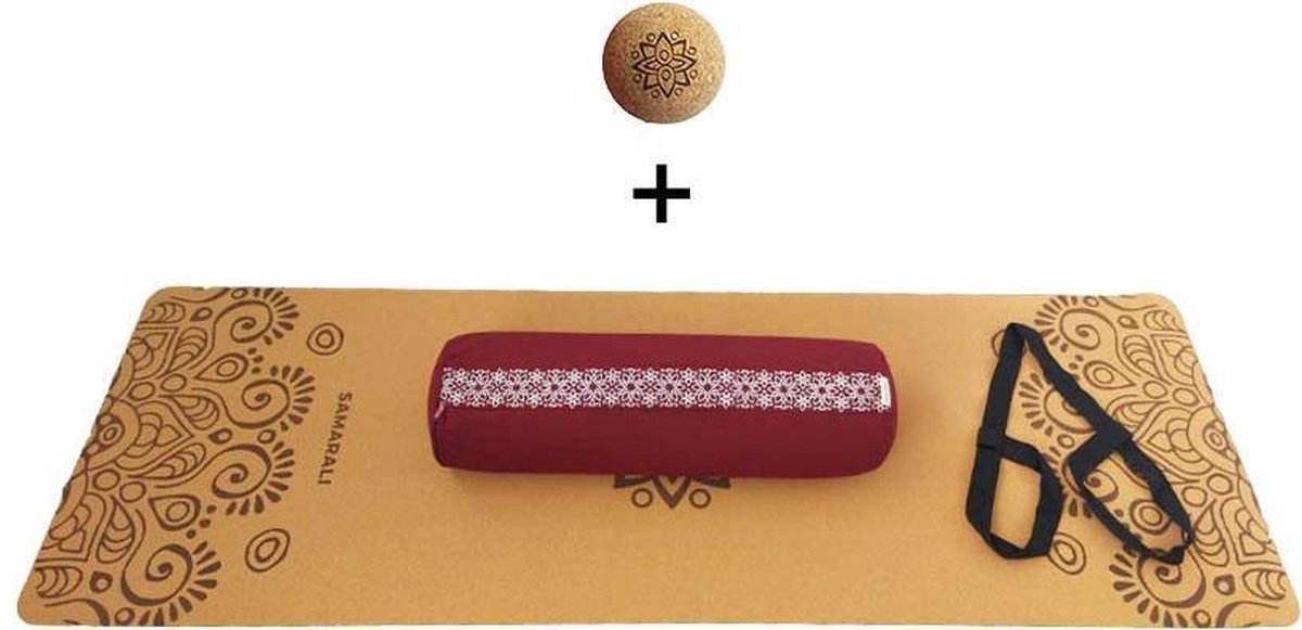 Yin Yoga set – Sun (ROOD)| Kurk yogamat| Yoga Bolster| Kurk massagebal| Draagiem| Ethisch geproduceerd uit natuurlijke materialen