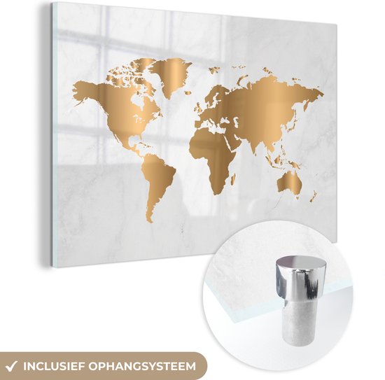 MuchoWow® Glasschilderij - Wereldkaart - Goud - Marmerlook - Luxe - Design - 180x120 cm - Acrylglas Schilderijen - Foto op Glas