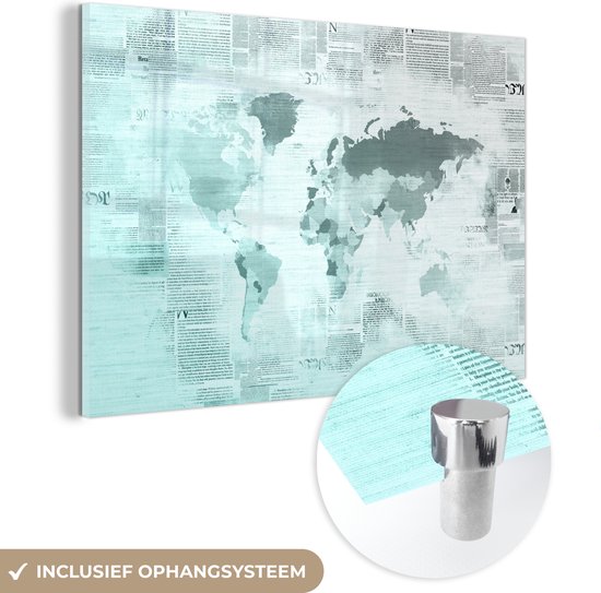 MuchoWow® Glasschilderij - Wereldkaart - Krant - Blauw - 150x100 cm - Acrylglas Schilderijen - Foto op Glas