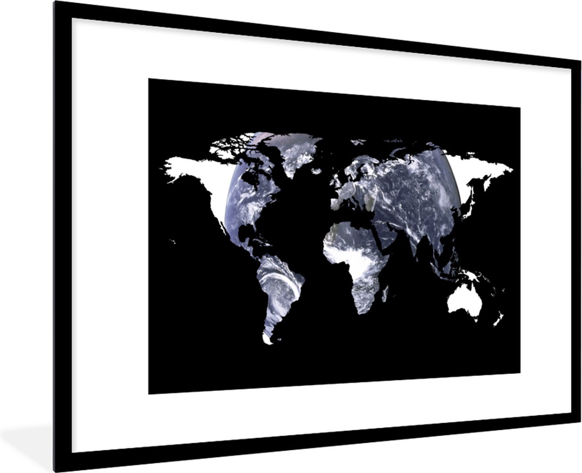 Fotolijst incl. Poster - Wereldkaart - Zwart - Wit - Wereldbol - 120x80 cm - Posterlijst