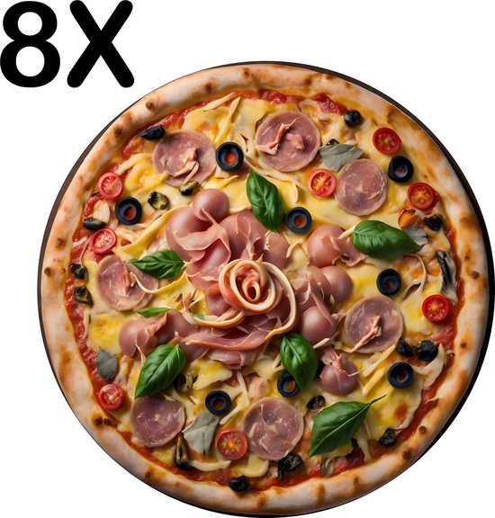 BWK Stevige Ronde Placemat - Pizza met Ham en Olijven op Donkere Achtergrond - Set van 8 Placemats - 50x50 cm - 1 mm dik Polystyreen - Afneembaar