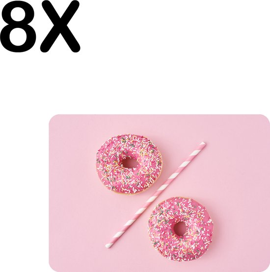 BWK Luxe Placemat - Roze Donuts met Rietje - Set van 8 Placemats - 35x25 cm - 2 mm dik Vinyl - Anti Slip - Afneembaar
