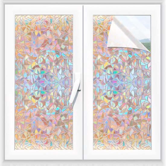 Raamfolie Window Privacy Film 60 x 220 cm, Zelfklevende Vensterfolie met Statische Hechting, 3D Regenboog Decoratieve Folie voor Kantoor Thuis Keuken