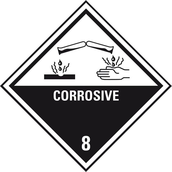 ADR klasse 8 sticker met tekst, zelfklevend papier, 1000 op rol 100 x 100 mm