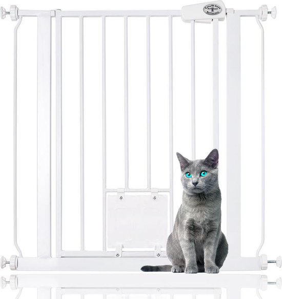 Bettacare Huisdierenhek met Afsluitbare Kattenluik Assortiment, 75 cm - 83 cm (11 opties beschikbaar), Wit, 75 cm Hoogte, Extra Hoog Hondenveiligheidshek met Kattenluik, Eenvoudige Installatie