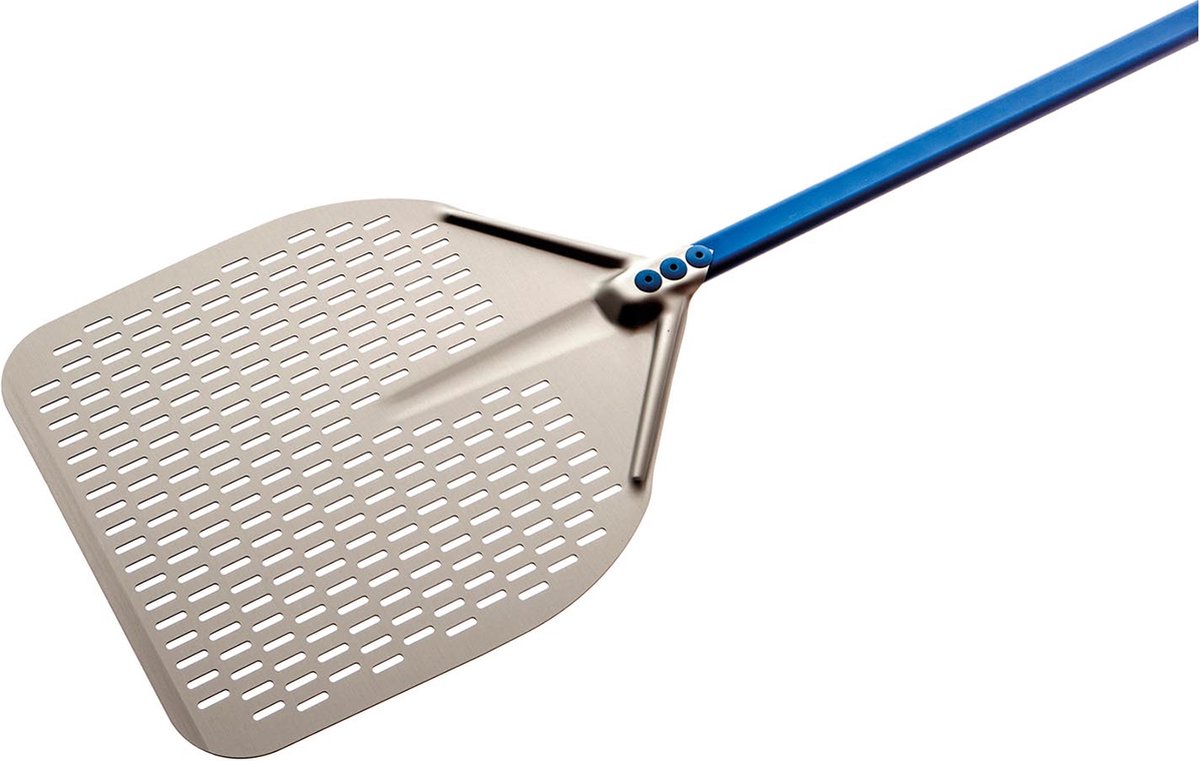 Pizzaschep - 33 x 33 cm - geperforeerd - handvat: 60 cm - Geanodiseerd aluminium)