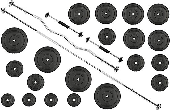 90kg Halterset  Gewichtenset Fitness Dumbbell  inc 90 KG GEWICHTEN + 2 Dumbbell stangen 45cm + Halterstang Recht 180cm + Curl Stang 120cm