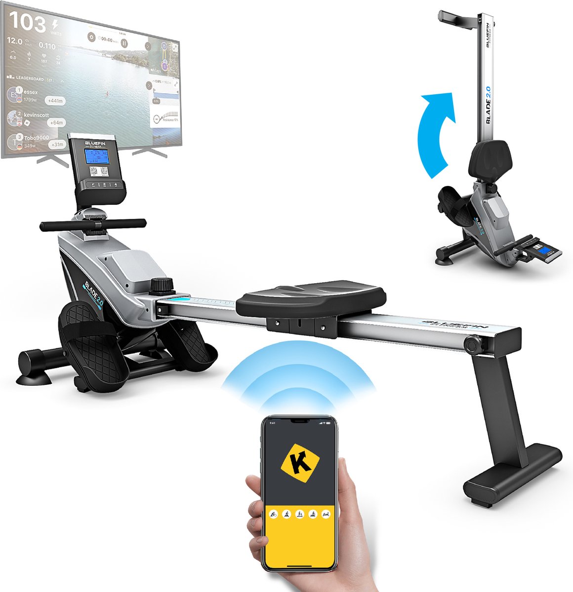 Bluefin Fitness BLADE Thuissport Vouwbare Roeimachine | Magnetische Weerstand Roeimachine | Kinomap | Live Video Streaming | Video Coaching & Training | Digitaal LCD Fitnesspaneel | Smartphone App
