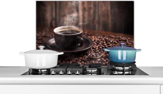Spatscherm Keuken - Kookplaat Achterwand - Spatwand Fornuis - 60x40 cm - Koffie - Heet - Koffiebonen - Aluminium - Wanddecoratie - Muurbeschermer - Hittebestendig