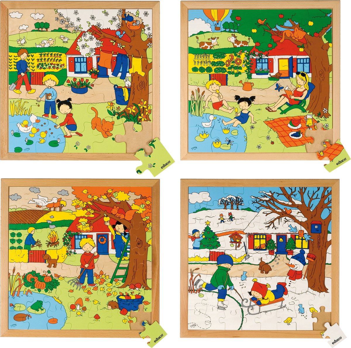 Educo 4x Seizoenen Kinder Puzzel 40x40cm - Set van 4 puzzels - Verschillende moeilijkheidsgraad - Kinderpuzzels - Legpuzzel - Educatief speelgoed - Incl. Houtenframes - Serie 2 - Vanaf 4 jaar