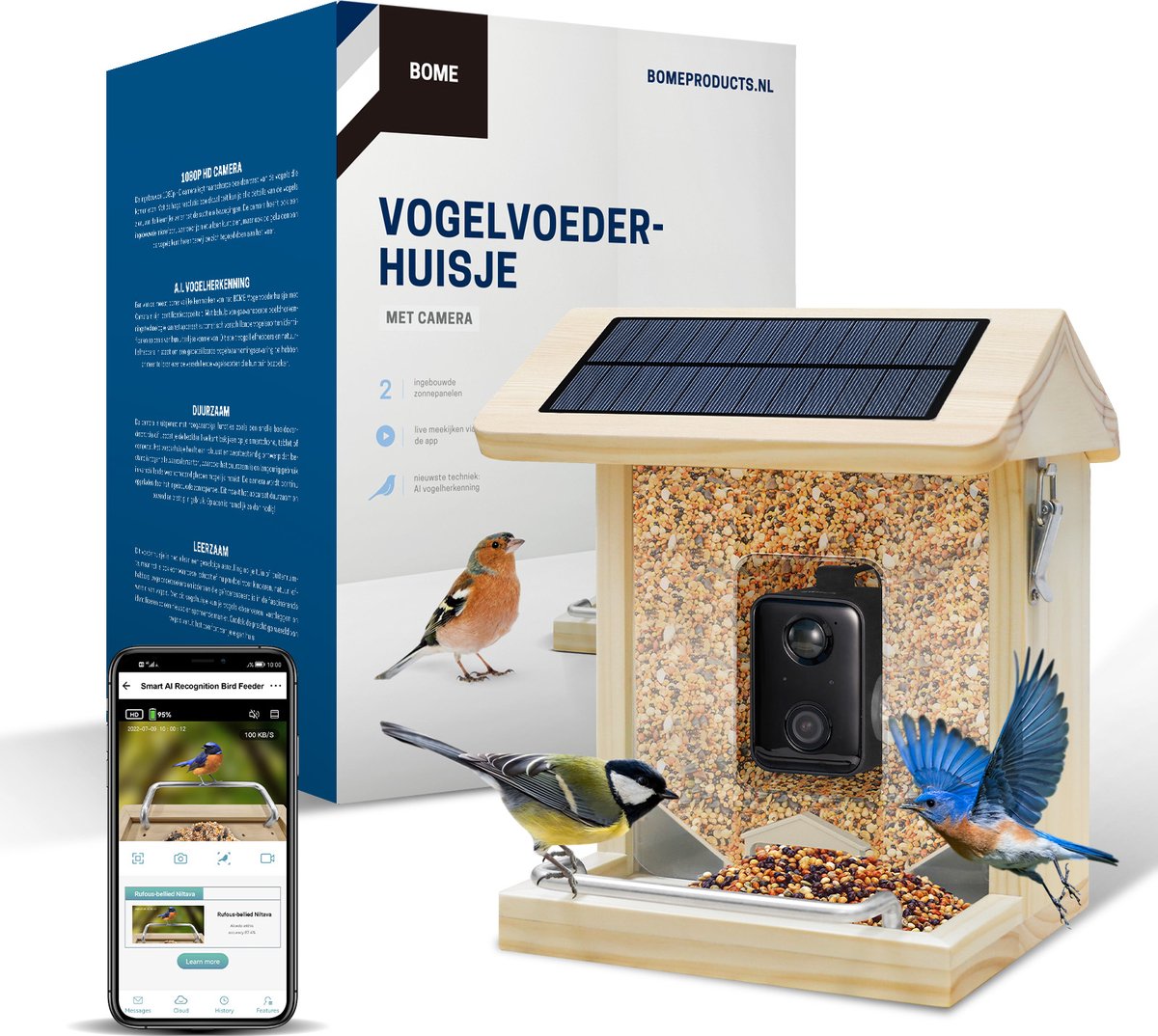 BOME - Vogelvoederhuisje - Camera en Audio - AI Vogelherkenning - Hout - Hangend