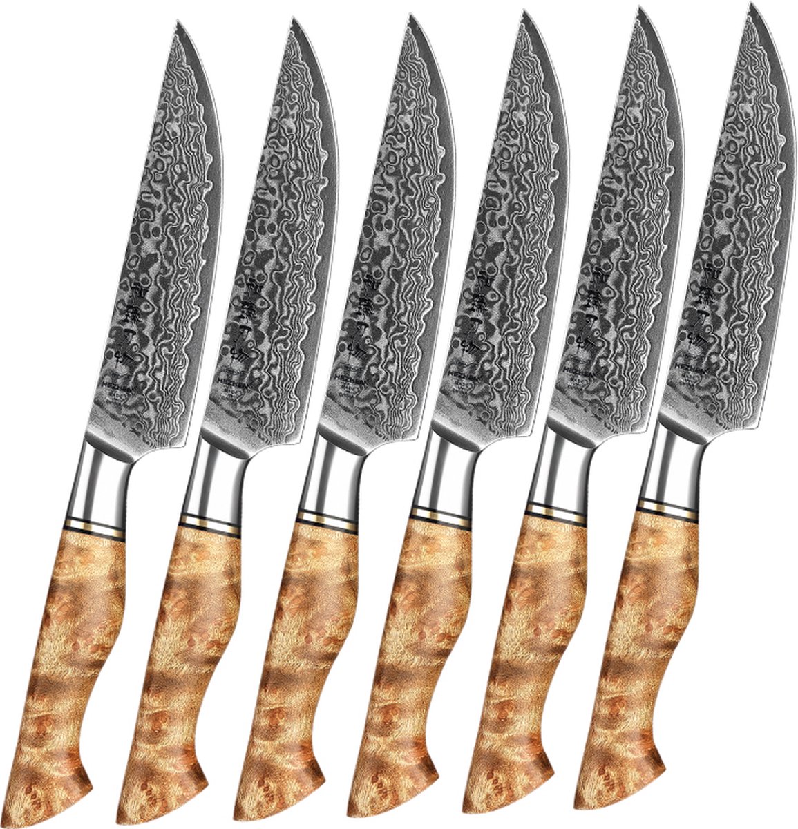Steakmessen Damascus staal - Set van 6 stuks | Handvaten van Plataanhout met Klinknagel Mozaïek | HEZHEN B30 Series
