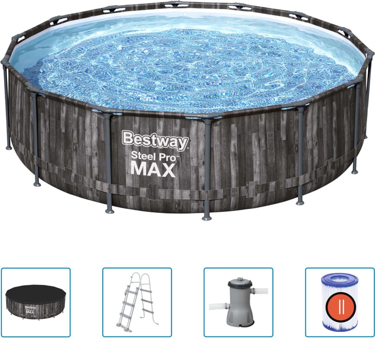 Bestway - Steel Pro MAX - Opzetzwembad inclusief filterpomp en accessoires- 427x107 cm - Houtprint - Rond