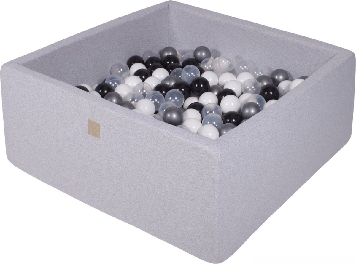 Vierkante ballenbak incl. 400 bollen - 110x110x40 cm - Lichtgrijs - Wit, Zwart, Transparant, Zilver