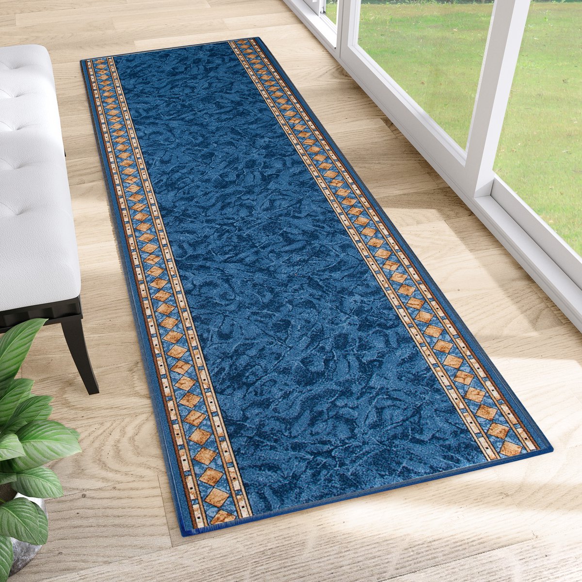 Tapiso Antislip Rubber Mat Blauw Klassiek Modern Rubbermat Tapijt Maat- 100x1450
