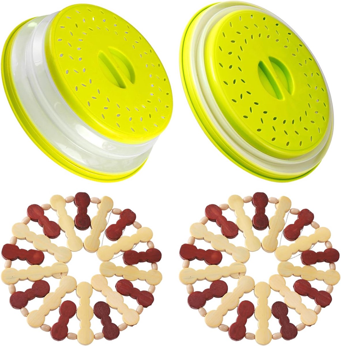 Magnetronafdekking, 2 stuks afdekhoezen voor de magnetron, opvouwbare magnetronhoes met 2 placemats van hout, filtermand met stoomgaten voor groenten en fruit, BPA-vrij