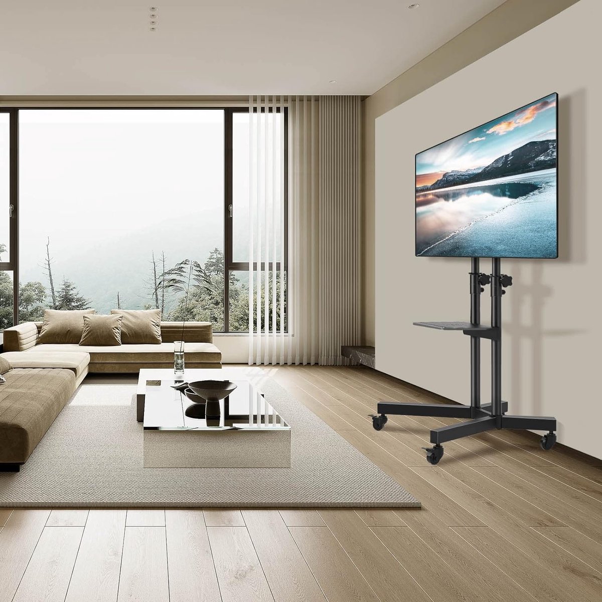 Tv-standaard, oprolbaar, televisiestandaard, tv-wagen met wielen, in hoogte verstelbaar voor 32-80 inch LCD-led, OLED plasma, platte en gebogen televisies tot 50 kg, max. VESA 600 x 400 mm