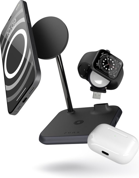 Zens 4-in-1 draadloze lader. Laadt tegelijkertijd MagSafe compatible iPhone + Apple Watch + AirPods + ingebouwde 18W USB-C poort Qi en MFi gecertificeerd