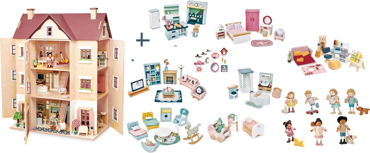 [H] Tender Leaf uniek houten poppenhuis Hall Fantail XXL 3 verdiepingen inclusief 7 nieuwe houten popjes - woonkamer en keuken/slaap/badkamer/kinderkamer/babykamer/studeer kamer meubels en accessoires - 40 x 72 x 90 cm Zeer Compleet
