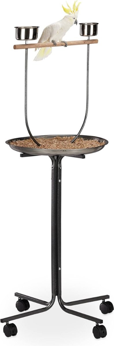 Vrijzitje Papegaaien - aanvliegstang, 2 voerbakken, oprolbaar, valkparkiet, h x b x d: 130 x 60 x 60 cm, zilver
