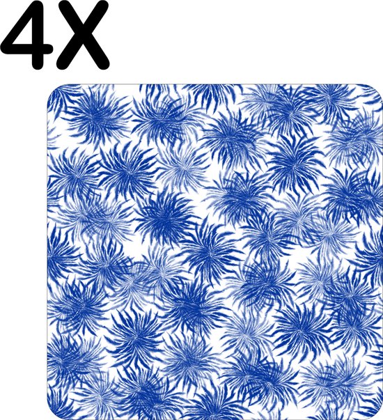 BWK Flexibele Placemat - Blauw met Wit Bloemen Patroon - Set van 4 Placemats - 50x50 cm - PVC Doek - Afneembaar