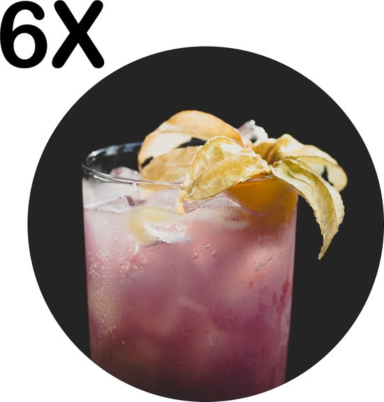 BWK Luxe Ronde Placemat - Roze Cocktail met Zwarte Achtergrond - Set van 6 Placemats - 40x40 cm - 2 mm dik Vinyl - Anti Slip - Afneembaar