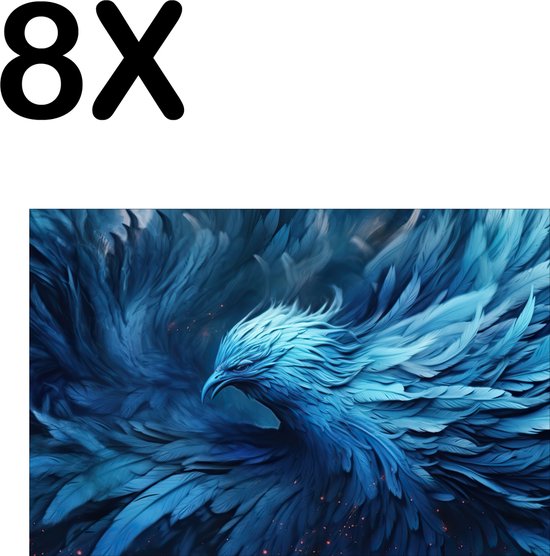 BWK Textiele Placemat - Blauwe Misterieuze Vogel - Set van 8 Placemats - 45x30 cm - Polyester Stof - Afneembaar