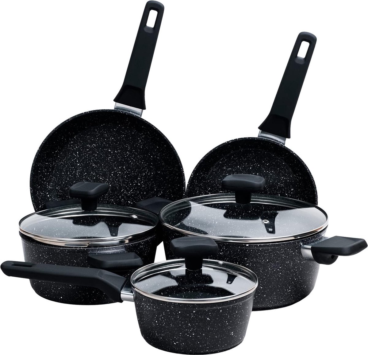 8-Delige Pannenset met Antiaanbaklaag, Aluminium met Titaniumcoating, 3 Pannen met 3 Deksels Aan Gehard Glas en 2 Koekenpannen Voor Alle Fornuizen, Inclusief Inductie