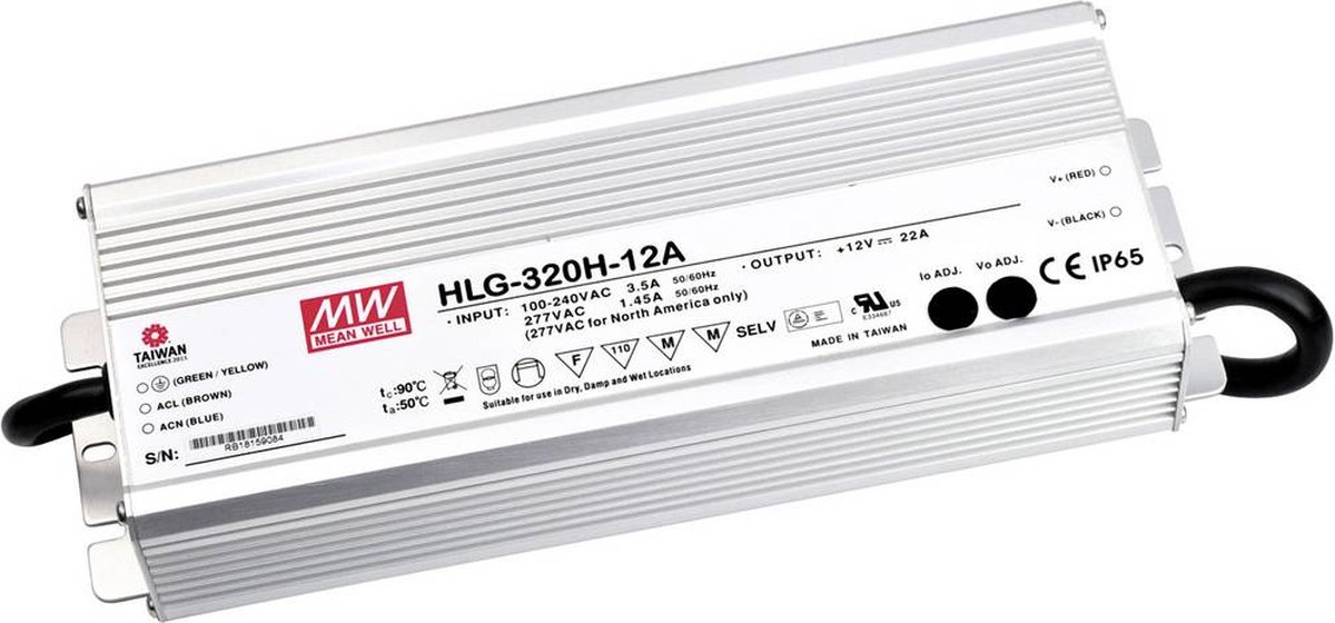 Mean Well HLG-320H-12A LED-driver, LED-transformator Constante spanning, Constante stroomsterkte 264 W 22 A 12 V/DC PFC-schakeling, Overbelastingsbescherming,