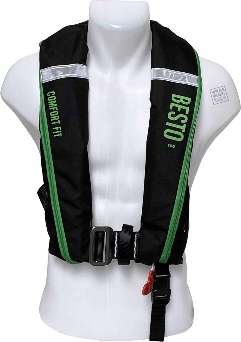 Besto Comfort fit 180N MH automatisch reddingsvest met harnas zwart/groen