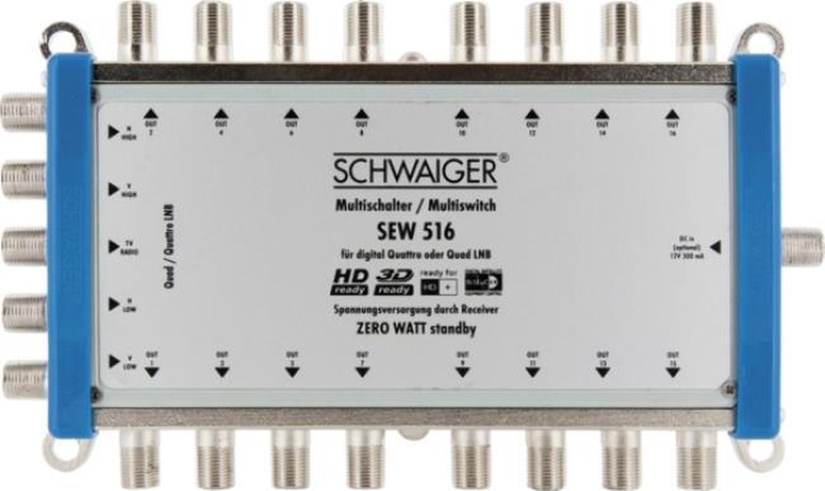 Schwaiger SEW516 531 Satelliet multiswitch Ingangen (satelliet): 5 (4 satelliet / 1 terrestrisch) Aantal gebruikers: 16 Standby-functie, geschikt voor Quad LNB