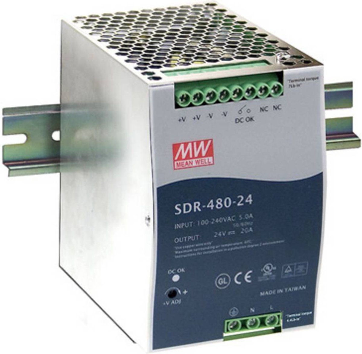 Mean Well SDR-480-24 DIN-rail netvoeding 24 V/DC 20 A 480 W Aantal uitgangen: 1 x Inhoud: 1 stuk(s)