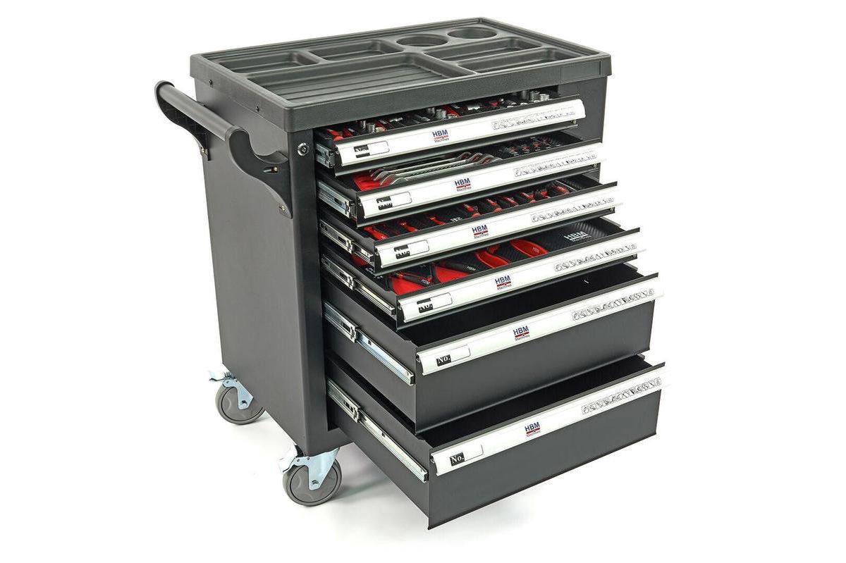 HBM 154-delige PREMIUM gereedschapswagen met deur en CARBON inlays ZWART