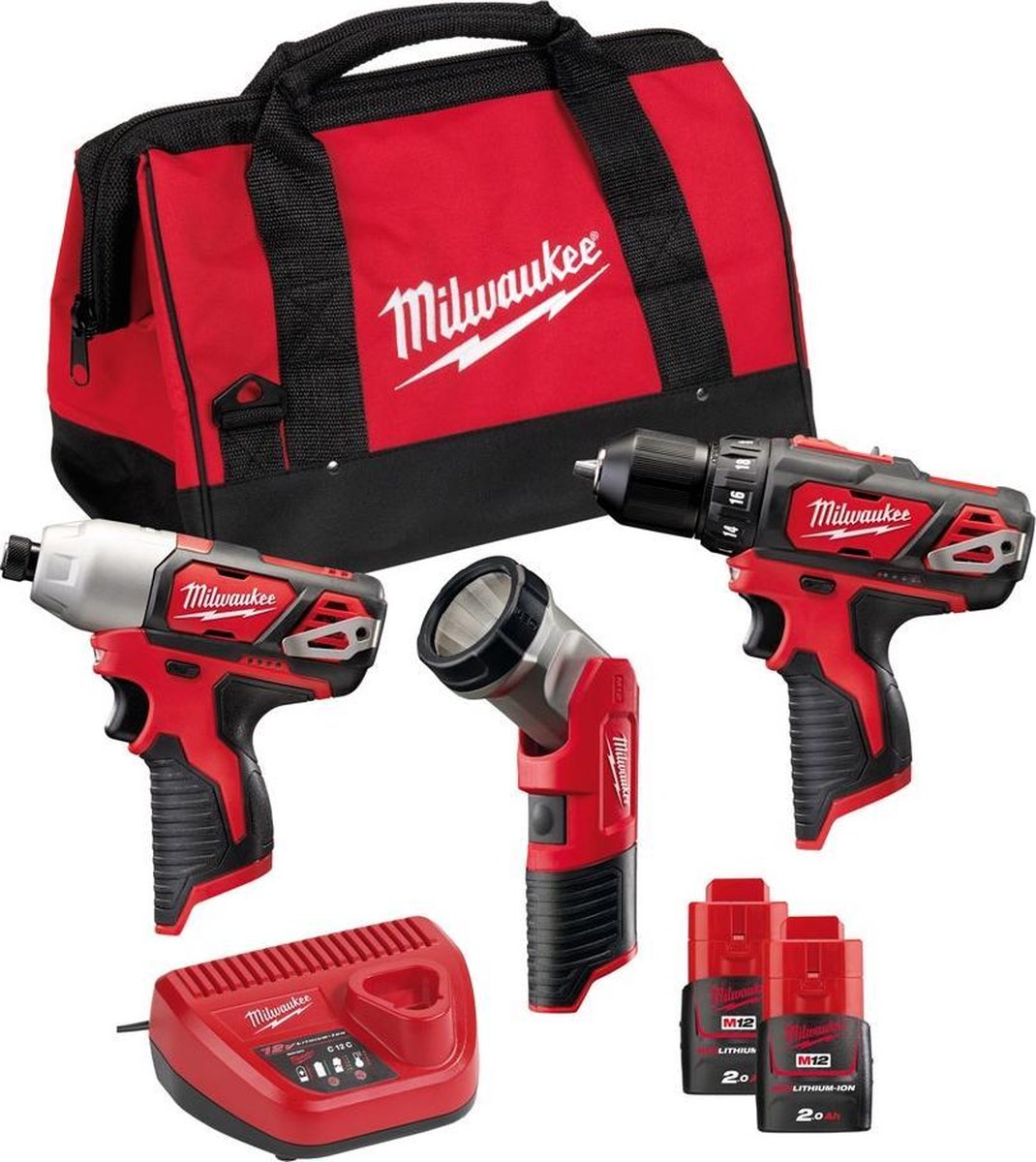 Milwaukee M12 BPP3A-202B 12V Li-Ion Accu Boor-/schroefmachine (M12 BDD)&Slagschroevendraaier (M12 BID)&Werkaccu_lamp (C12 T) Combiset (2x 2.0Ah Accu) In Tas