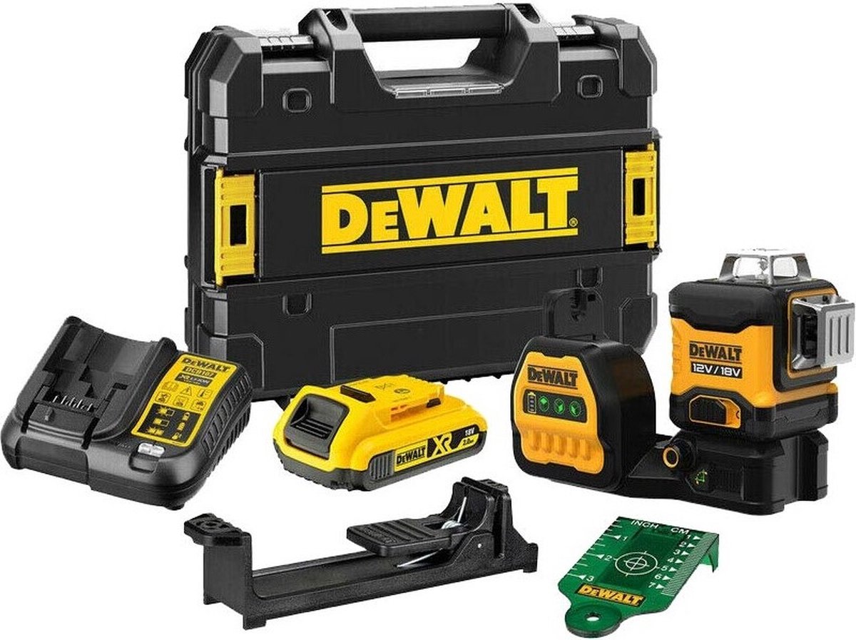 DeWALT DCE089D1G18 12V / 18V Li-ion Accu Zelfnivellerende 3x 360 Graden Kruislijnlaser Set (1x 2.0Ah Accu) In Koffer - 3 Lijnen - 30m - Groen