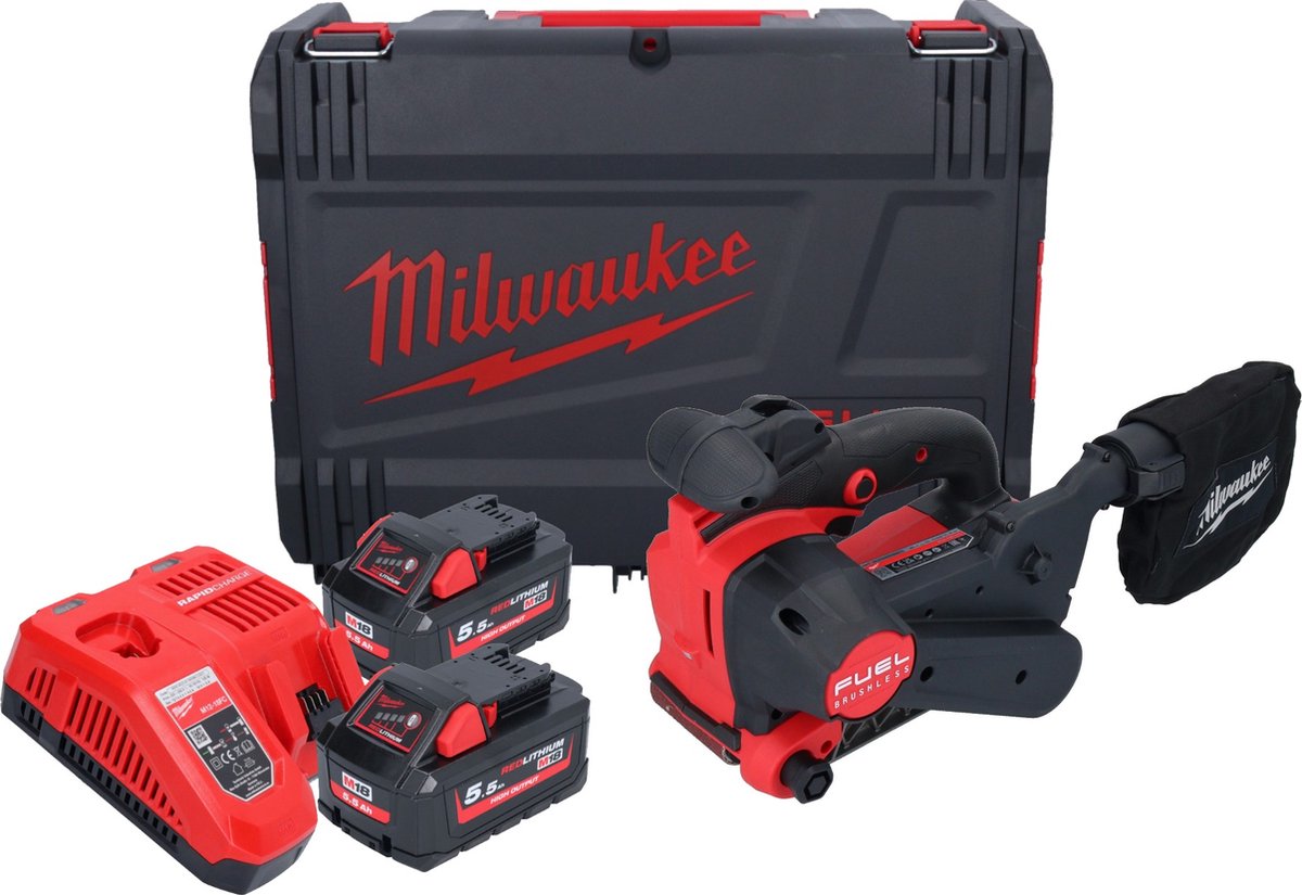 Milwaukee M18 FBTS75-552X 18V Li-ion Accu Bandschuurmachine Set (2x 5.5Ah) In HD Box- 75 X 457 Mm