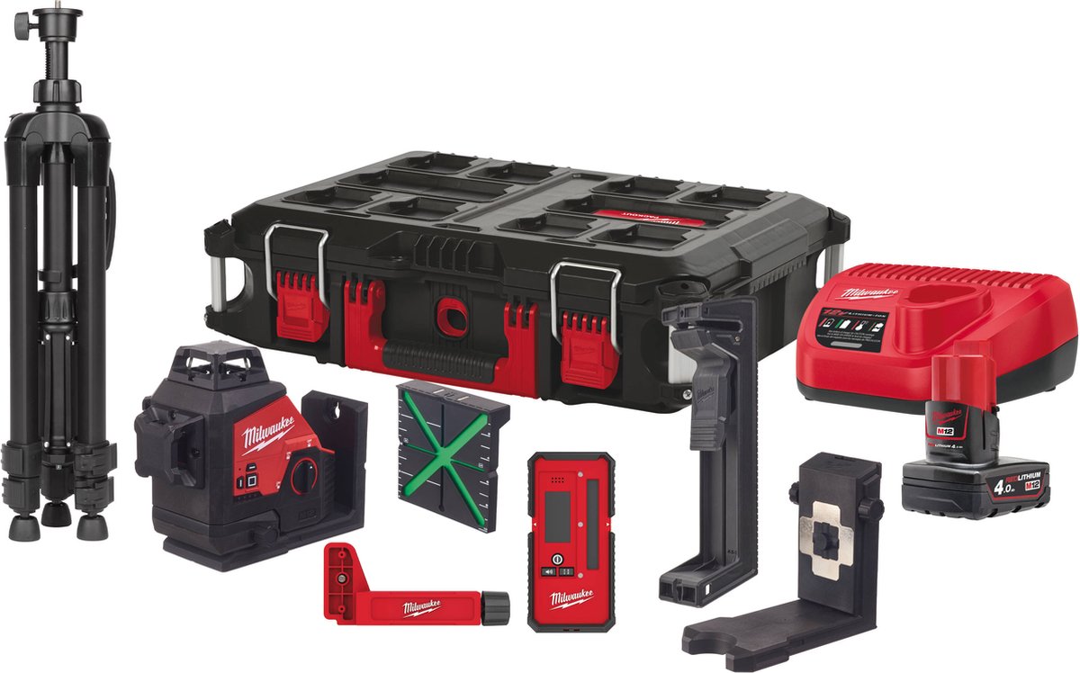 Milwaukee M12 3PLKIT-401P 12V Li-Ion Accu Kruislijnlaser Set (1x 4,0Ah) In Koffer - 3 Lijnen - Groen - 38m