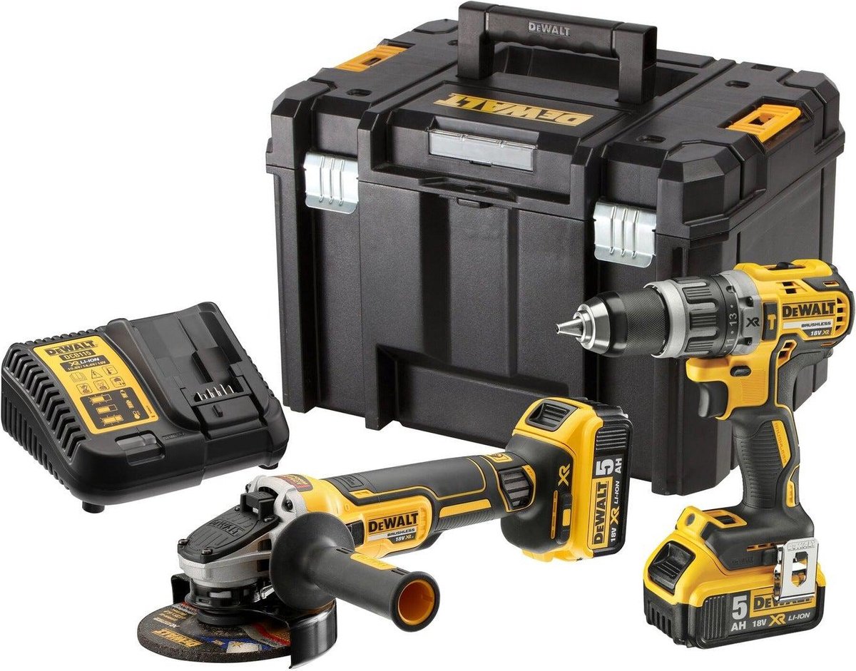DeWALT DCK2080P2T 18V Li-Ion Accu Klopboor-/schroefmachine (DCD796)&Haakse Slijper (DCG405) Combiset (2x 5.0Ah Accu) In TSTAK - Koolborstelloos