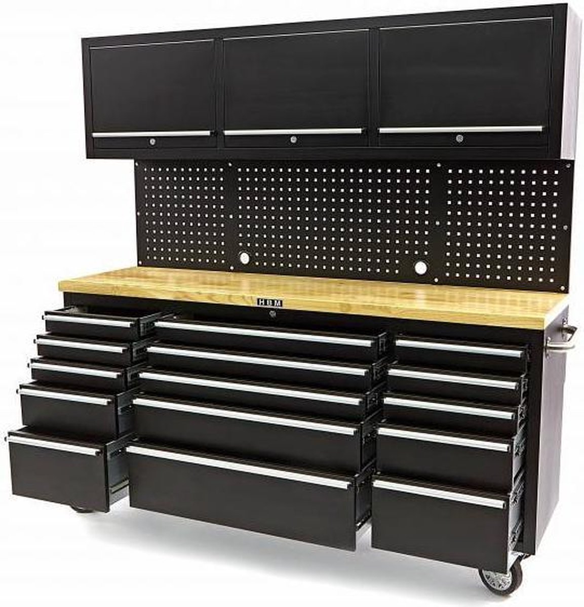 Werkbank met kastenwand en houten blad ZWART