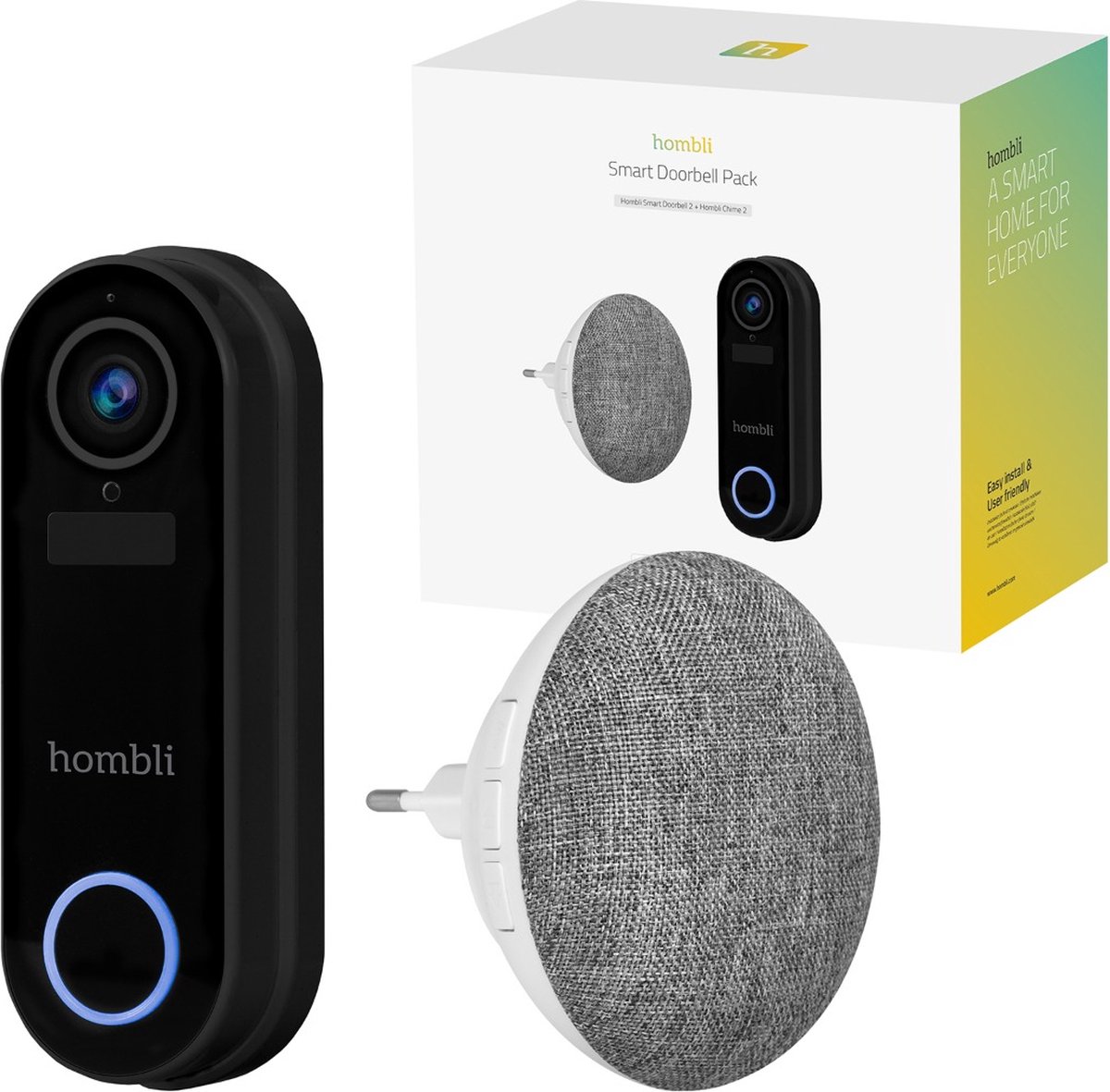 Hombli Smart Doorbell 2 + Smart Bulb E27 Color 2-pack + Chime 2 Deurgong