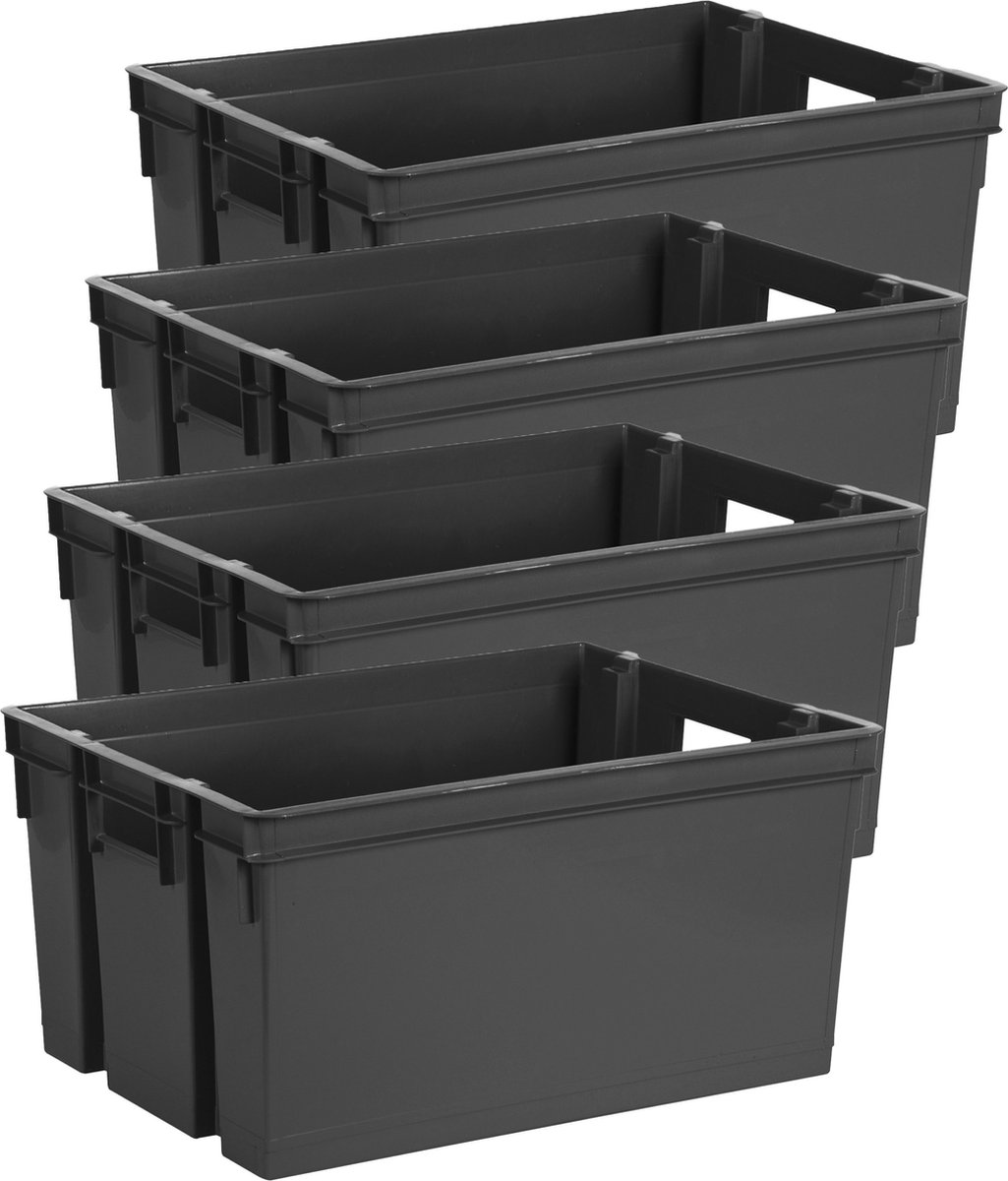 Opbergbox/opbergkrat 50 L - 12x - zwart - kunststof - 56 x 41 x 29 cm - stapelbaar/nestbaar -