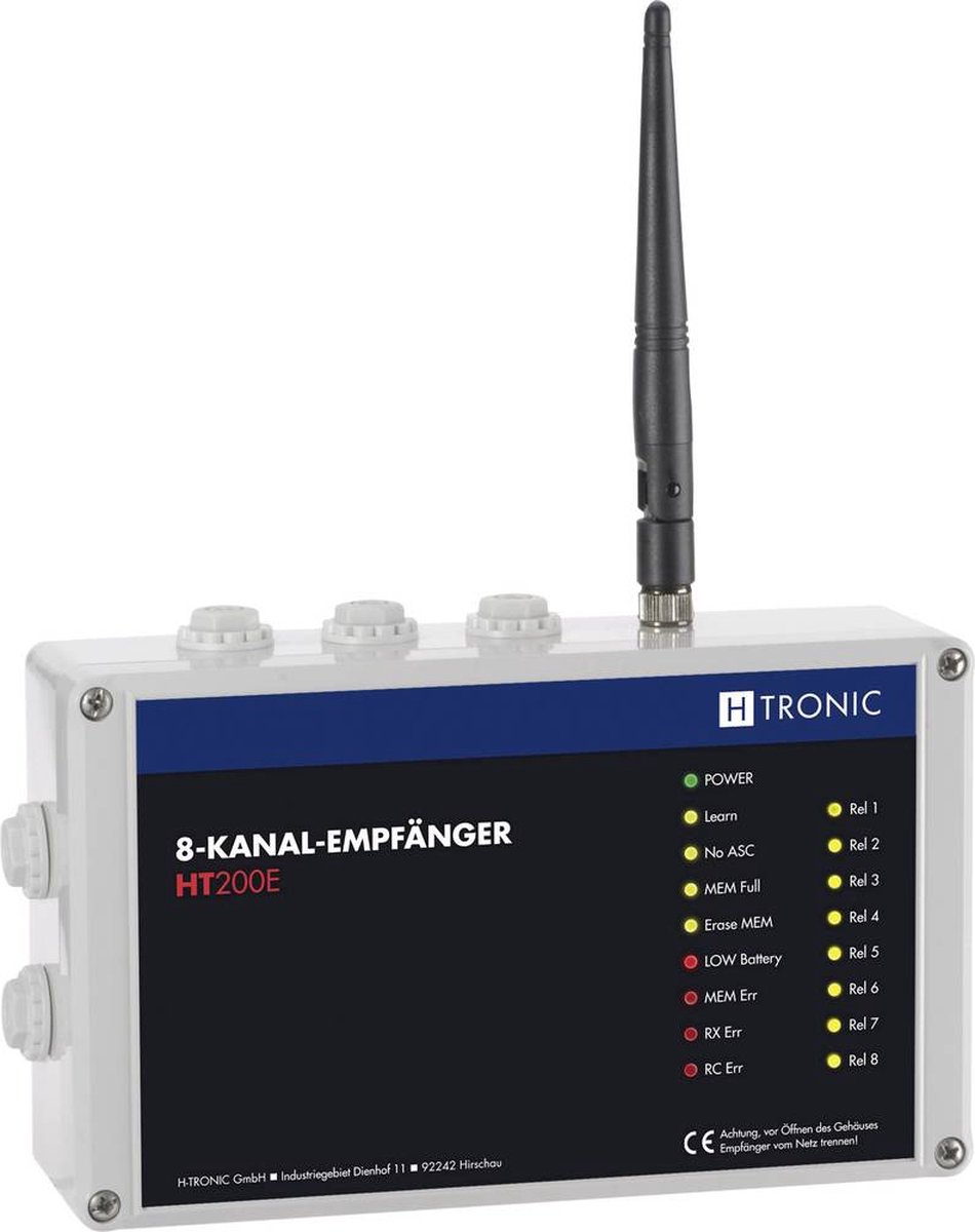 H-Tronic HT200E Radiografische ontvanger 8-kanaals Frequentie: 868.35 MHz, 869.05 MHz, 869.55 MHz 12 V Bereik max. (in het vrije veld): 200 m