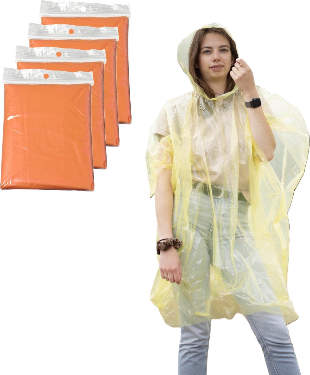 Regenponcho - 100x - oranje transparant - wegwerp - voor volwassenen - one size fitts all - capuchon One size -