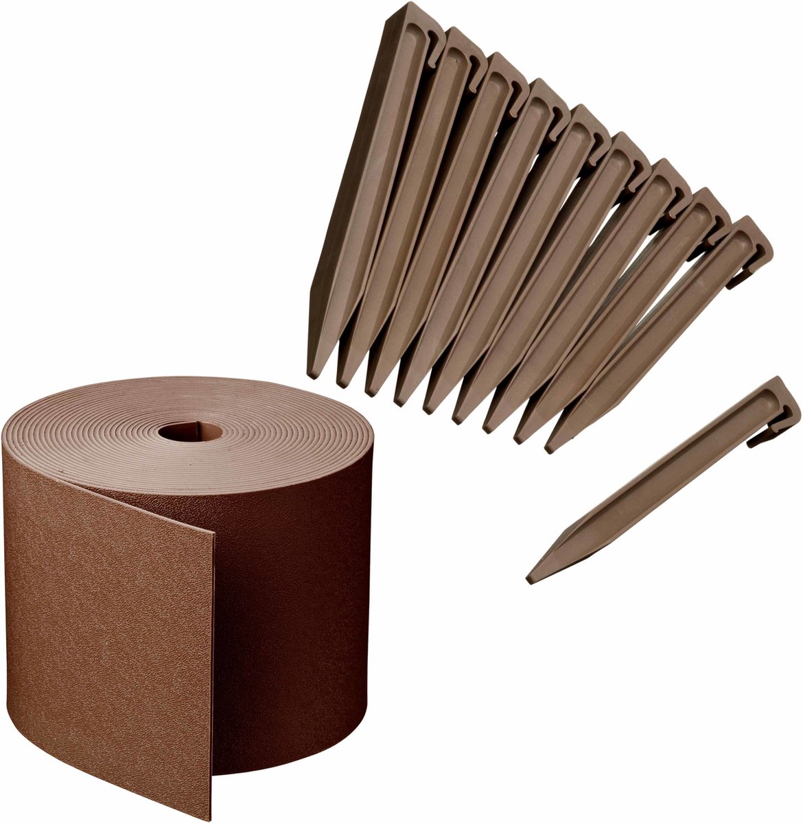 Kunststof grasrand / borderrand taupe bruin inclusief 20x grondpennen 20 meter x 15 cm hoogte -
