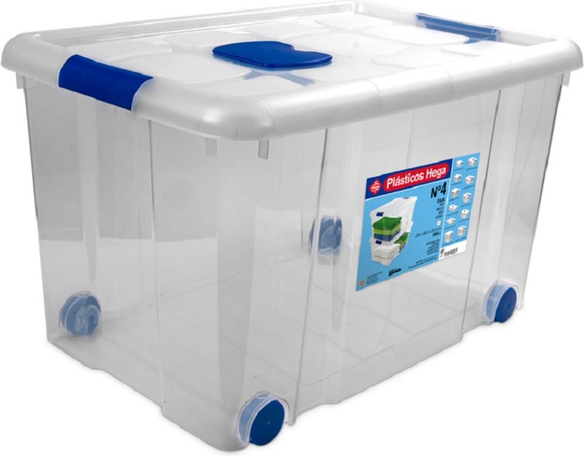 5x Opbergboxen/opbergdozen met deksel en wieltjes 55 liter kunststof transparant/blauw -