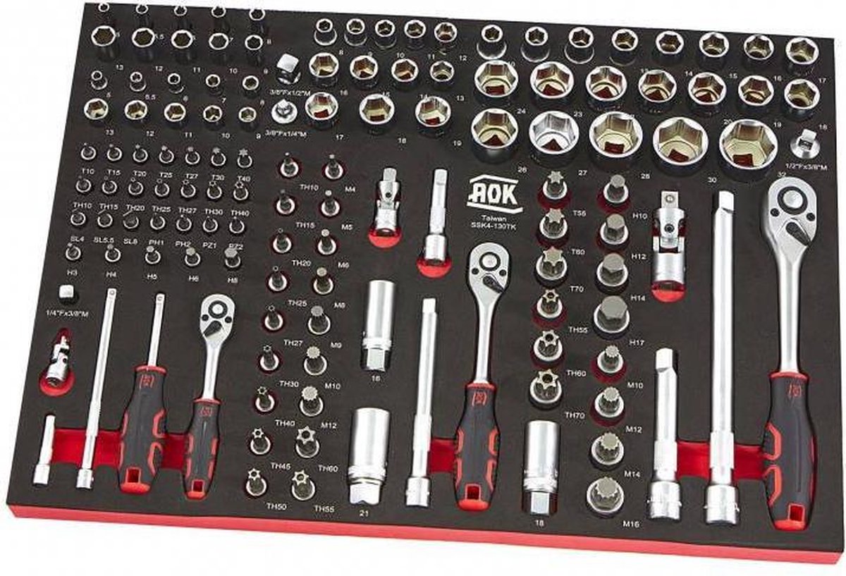 AOK PROFI 130-delige 1/4", 3/8", 1/2"doppenset FOAM inlay