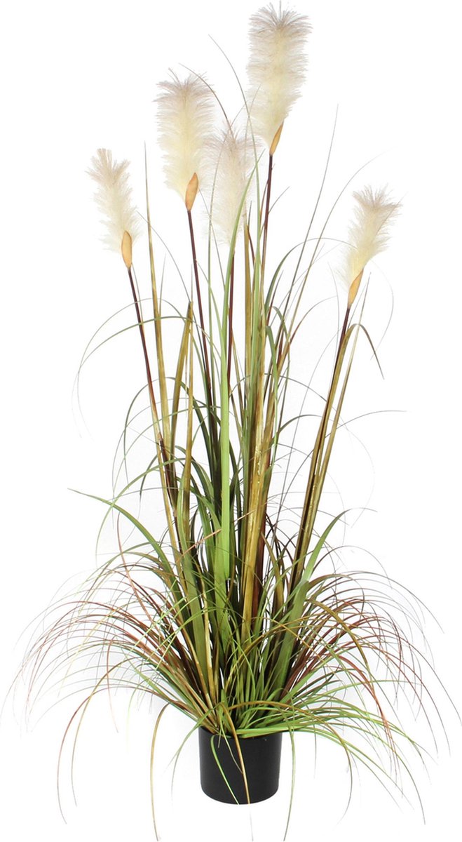 Kunstgras/gras kunstplant met pluimen - groen/creme H150 x D70 cm - op stevige plug -