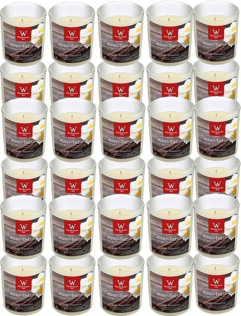 30x Geurkaarsen anti tabak/vanille in glazen houder 25 branduren -