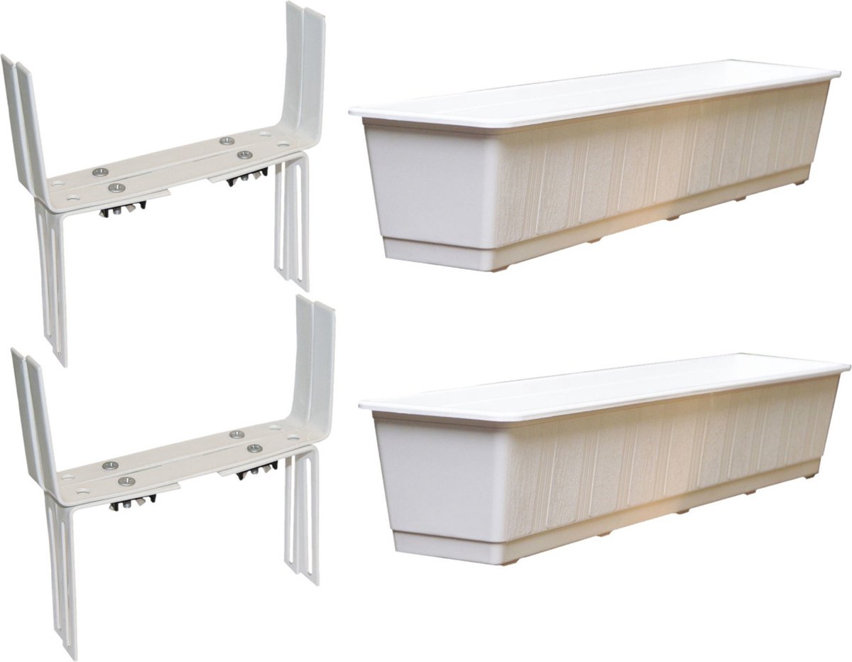 Set van 4 kunststof plantenbakken wit rechthoekig 80 cm met 8 verstelbare balkon/muurbeugels -
